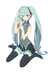 Rule 34 | 1girl, aqua eyes, bad id, bad pixiv id, boots, green hair, hatsune miku, haya kewi, hayashi kewi, headset, jewelry, long hair, necklace, necktie, simple background, sitting, skirt, smile, solo, spring onion, thigh boots, thighhighs, twintails, very long hair, vocaloid, wariza, white background