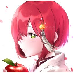 Rule 34 | 1girl, akagami no shirayukihime, apple, blush, border, closed mouth, commentary request, food, from side, fruit, green eyes, hair ornament, hand up, highres, holding, holding food, holding fruit, long sleeves, looking at viewer, petals, poddo (potto), portrait, red apple, red hair, shirayuki (akagami no shirayukihime), short hair, smile, solo, twitter username, watermark, white background, white border