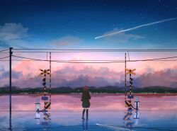 Rule 34 | 1girl, black thighhighs, blue skirt, brown footwear, cloud, commentary, contrail, from behind, green hoodie, hood, hoodie, horizon, meeu0biss, mountain, original, overhead line, pleated skirt, power lines, railroad crossing, reflection, reflective water, skirt, sky, solo, standing, star (sky), starry sky, thighhighs, wide shot, zettai ryouiki