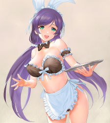 Rule 34 | 1girl, :d, a1 (initial-g), apron, arm garter, black bow, black bowtie, bow, bowtie, breasts, brown background, cleavage, detached collar, female pubic hair, gradient background, green eyes, holding, holding plate, large breasts, long hair, looking at viewer, love live!, love live! school idol project, low twintails, maid headdress, navel, no panties, open mouth, plate, pubic hair, purple hair, smile, solo, tojo nozomi, twintails, very long hair