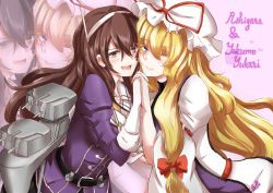 Rule 34 | 10s, 2girls, absurdres, armband, ashigara (kancolle), ass, belt, blonde hair, breasts, brown eyes, brown hair, character name, colored eyelashes, crossover, dress, elbow gloves, fang, gloves, hat, hat ribbon, highres, holding hands, interlocked fingers, jacket, kantai collection, leaning forward, long hair, long sleeves, medium breasts, mob cap, multiple girls, one eye closed, open mouth, pink background, projected inset, puffy long sleeves, puffy sleeves, purple eyes, ribbon, senbon tsuki, signature, smile, tabard, touhou, turret, very long hair, white dress, wide sleeves, yakumo yukari