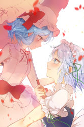 Rule 34 | 2girls, blouse, blue hair, bow, braid, closed mouth, collared shirt, commentary request, cowboy shot, face-to-face, from side, grey eyes, hair between eyes, hand on another&#039;s head, hat, hat bow, holding, holding umbrella, izayoi sakuya, konnyaku (yuukachan 51), looking at another, maid, maid headdress, mob cap, multiple girls, parasol, petals, pink shirt, pink skirt, pointy ears, profile, puffy short sleeves, puffy sleeves, red eyes, remilia scarlet, shirt, short hair, short sleeves, silver hair, simple background, skirt, sleeveless, sleeveless shirt, smile, touhou, twin braids, umbrella, white background, white shirt