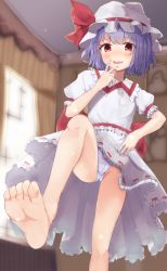 Rule 34 | 1girl, :d, bare legs, barefoot, blue hair, blue panties, blush, cameltoe, chaha, commentary request, curtains, dress, eyes visible through hair, feet out of frame, frilled shirt collar, frills, gluteal fold, hand up, hat, hat ribbon, highres, indoors, knee up, looking at viewer, mob cap, open mouth, panties, petticoat, puffy short sleeves, puffy sleeves, red eyes, red ribbon, red sash, remilia scarlet, ribbon, sash, short hair, short sleeves, smile, soles, solo, standing, standing on one leg, thighs, touhou, underwear, white dress, white hat, window
