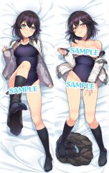 Rule 34 | absurdres, black socks, blue eyes, blue one-piece swimsuit, breasts, competition swimsuit, dakimakura (medium), from above, full body, grey skirt, hayasui (kancolle), highres, jacket, kantai collection, looking at viewer, medium breasts, medium hair, miniskirt, off shoulder, on bed, one-piece swimsuit, pleated skirt, skirt, smile, socks, soles, swimsuit, taketora suzume, toes, track jacket, watermark, white jacket