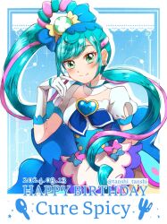 Rule 34 | 1girl, blue bow, blue hair, bow, breasts, brooch, character name, cure spicy, dated, delicious party precure, dress, earrings, fuwa kokone, gloves, green eyes, hair bow, hair bun, hair ornament, happy birthday, heart, heart brooch, huge bow, jewelry, long hair, looking at viewer, magical girl, precure, side ponytail, small breasts, smile, solo, tanshi tanshi, triple bun, twitter username, upper body, very long hair, white gloves