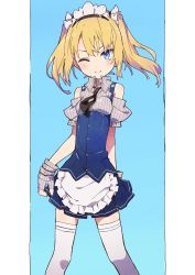 Rule 34 | 1girl, ;), absurdres, amaryllis gumi, apron, bare shoulders, black necktie, blonde hair, blue background, blue eyes, blue skirt, blush, breasts, closed mouth, collared shirt, eyebrows hidden by hair, fingerless gloves, fingernails, frilled apron, frills, gloves, grey gloves, grey shirt, hair between eyes, highres, kotohara hinari, long hair, necktie, one eye closed, pleated skirt, puffy short sleeves, puffy sleeves, ribbed gloves, ribbed shirt, shirt, short sleeves, skindentation, skirt, small breasts, smile, solo, tama (tama-s), thighhighs, twintails, two-tone background, underbust, virtual youtuber, waist apron, white apron, white background, white thighhighs