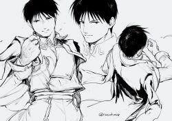 Rule 34 | 1boy, aiguillette, amestris military uniform, black eyes, black hair, buttons, closed mouth, clothes lift, coat, coat on shoulders, contrapposto, cowboy shot, cropped jacket, cropped shoulders, double-breasted, facing away, from above, from behind, fullmetal alchemist, gloves, grey background, greyscale, hand on own hip, hand up, head tilt, highres, jacket, light smile, looking at viewer, looking to the side, magic circle, male focus, military jacket, monochrome, multiple views, print gloves, roy mustang, simple background, snapping fingers, spiked hair, swept bangs, tsurime, twitter username, yuu (kotobana 0418)