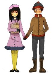 Rule 34 | 1boy, 1girl, ^ ^, animification, bad id, bad pixiv id, beanie, black hair, blush, boots, closed eyes, coat, full body, gloves, hand grab, hat, hat pompom, holding hands, jacket, long hair, mary janes, pantyhose, shoes, smile, south park, stan marsh, standing, t66sobakasu, wendy testaburger, yellow pantyhose