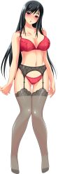 Rule 34 | 1girl, black hair, blue eyes, blush, bra, breasts, cleavage, empty eyes, full body, highres, large breasts, lingerie, long hair, looking at viewer, mature female, mind control, navel, panties, parted lips, skyhouse, solo, standing, teacher, thighhighs, underwear