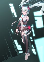 Rule 34 | 1girl, absurdres, anklet, aqua eyes, aqua hair, aqua nails, barefoot, black pants, breasts, bridal gauntlets, cleavage cutout, clothing cutout, commentary, detached sleeves, english commentary, eyelashes, floating, grey shirt, hand up, hatsune miku, hatsune miku (append), highres, holding, holding microphone, jager, jewelry, long hair, medium breasts, microphone, nail polish, navel cutout, official alternate costume, one eye closed, pants, shirt, sidelocks, sleeveless, sleeveless shirt, soles, solo, thigh cutout, toenail polish, toenails, toes, twintails, very long hair, vocaloid, vocaloid append