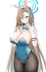 Rule 34 | 1girl, absurdres, animal ears, aqua bow, aqua bowtie, aqua leotard, asuna (blue archive), asuna (bunny) (blue archive), asymmetrical bangs, black pantyhose, blue archive, blue eyes, blush, bow, bowtie, breasts, cleavage, collarbone, covered navel, detached collar, dlnk, fake animal ears, gloves, groin, hair over one eye, halo, hand on own chest, highres, large breasts, leotard, light brown hair, long hair, looking at viewer, mole, mole on breast, official alternate costume, pantyhose, rabbit ears, smile, solo, straight hair, strapless, strapless leotard, very long hair, w, white gloves