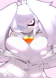 Rule 34 | 1girl, ahoge, albino, bodystocking, breasts, colored skin, eyepatch, food, food on body, food on breasts, fruit, head wings, huge breasts, impossible clothes, impossible shirt, kemono friends, large breasts, looking at viewer, mandarin orange, nananana nanana, object on breast, oppai mochi, orange (fruit), red eyes, shirt, shoebill (kemono friends), solo, white hair, white skin, wings