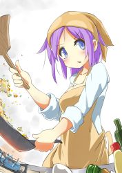 Rule 34 | 00s, 1girl, apron, bandana, blue eyes, blush, bottle, cooking, egg, fisheye, frying pan, hiiragi tsukasa, holding, looking to the side, lucky star, no nose, parted lips, purple hair, short hair, solo, suno-pi, white background