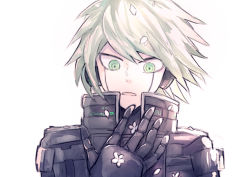 Rule 34 | 1boy, ahoge, android, armor, cherry blossoms, commentary request, danganronpa (series), danganronpa v3: killing harmony, green eyes, grey hair, k1-b0, kyo722, looking down, male focus, petals, power armor, short hair, simple background, solo, upper body, white background