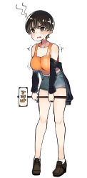 Rule 34 | 1girl, black footwear, black jacket, blush, breasts, crying, crying with eyes open, female focus, foe (artist), full body, highres, holding, holding sign, jacket, korean text, medium breasts, no bra, orange tank top, original, shoes, short shorts, shorts, sign, socks, solo, squiggle, standing, tank top, tears, tomboy, transparent background