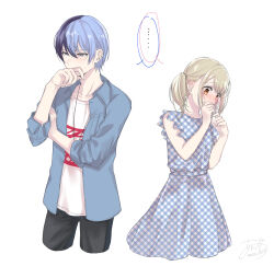 Rule 34 | ..., 1boy, 1girl, alternate costume, anzu (moon 1014), aoyagi touya, artist name, azusawa kohane, blonde hair, blue hair, blush, collared shirt, covering own mouth, cowboy shot, dark blue hair, dress, grey eyes, hair between eyes, hand on own arm, highres, jewelry, long sleeves, mole, mole under eye, multicolored hair, necklace, open clothes, orange eyes, project sekai, shirt, short hair, short twintails, sidelocks, signature, simple background, sleeveless, sleeves past elbows, split-color hair, twintails, two-tone hair, white background