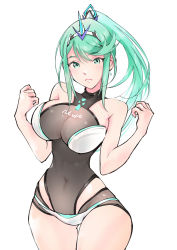 Rule 34 | 1girl, absurdres, breasts, chest jewel, gem, greek text, green eyes, green hair, headpiece, highres, large breasts, long hair, pneuma (xenoblade), ponytail, simple background, solo, swept bangs, tiara, ug333333, very long hair, white background, xenoblade chronicles (series), xenoblade chronicles 2