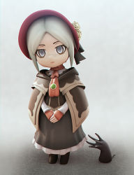 Rule 34 | 1girl, bad id, bad pixiv id, bloodborne, bonnet, chibi, cloak, expressionless, from software, full body, gray bear, hunter (bloodborne), hunter (great one) (bloodborne), long skirt, nendoroid, own hands clasped, own hands together, parted bangs, plain doll, purple eyes, short hair, silver hair, skirt, solo focus, spoilers, tentacles
