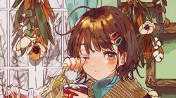 Rule 34 | 1girl, ahoge, aqua shirt, aran sweater, bare tree, beige sweater, blush, brown eyes, brown hair, buchi (qooo003), cable knit, closed mouth, commentary request, cup, curtains, cushion, fingernails, flower, food, hair ornament, hairclip, hands up, highres, holding, holding cup, indoors, long sleeves, looking at viewer, marshmallow, medium hair, messy hair, mug, one eye closed, original, picture frame, poncho, portrait, rubbing eyes, shirt, sleeves past wrists, solo, split mouth, steam, sweater, tree, turtleneck, wall, white flower, window