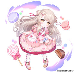 Rule 34 | 1girl, blush, brown eyes, brown hair, candy, closed mouth, collared shirt, commentary request, copyright request, double bun, dress, dress shirt, food, full body, hair bun, high heels, lollipop, long hair, macaron, official art, pantyhose, pink dress, pink footwear, puffy short sleeves, puffy sleeves, shirt, shoes, short sleeves, simple background, smile, solo, standing, swirl lollipop, very long hair, white background, white pantyhose, white shirt, yinpa (wanone500511)