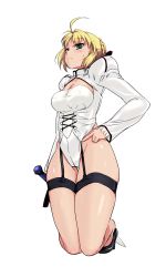 Rule 34 | 1girl, artoria pendragon (fate), blonde hair, blush, breasts, covered erect nipples, fate/stay night, fate/unlimited codes, fate (series), garter straps, green eyes, haruhisky, high heels, highres, large breasts, ribbon, saber (fate), saber lily, shoes, solo, sweatdrop, sword, weapon