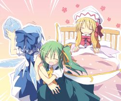 Rule 34 | 3girls, :d, = =, holding another&#039;s arm, bed, blonde hair, blue hair, blush, bow, cirno, commentary request, daiyousei, closed eyes, green hair, hair bow, hair ribbon, hat, holding, holding own arm, ice, ice wings, lily white, long hair, multiple girls, open mouth, pillow, ribbon, satou kibi, short hair, side ponytail, smile, tears, touhou, wings