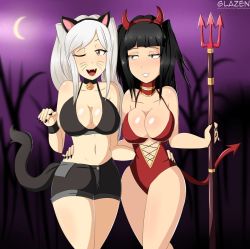 Rule 34 | 2girls, bare shoulders, bell, black hair, black nails, blush, breasts, brown eyes, cat girl, cat tail, center opening, choker, cleavage, collar, cosplay, costume, crescent moon, crop top, demon girl, demon tail, fake horns, fangs, fire emblem, fire emblem awakening, glazinbuns, grabbing, halloween, horns, intelligent systems, large breasts, leotard, lips, long hair, moon, multiple girls, nail polish, navel, night, night sky, nintendo, one-piece, one eye closed, pitchfork, robin (female) (fire emblem), robin (fire emblem), shiny skin, short shorts, shorts, silver hair, sky, smile, tail, tank top, teeth, tharja (fire emblem), thick thighs, thighs, torso grab, twintails, very long hair, whiskers, wink, yuri
