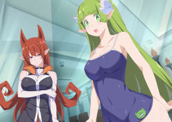 Rule 34 | 2girls, :o, animankan, azazel ameri, blush, breast hold, breasts, cleavage, commentary request, competition school swimsuit, covered erect nipples, curled horns, demon horns, elbow gloves, gloves, green eyes, green hair, head tilt, horns, large breasts, light blush, long hair, looking at viewer, mairimashita! iruma-kun, md5 mismatch, multiple girls, pointy ears, red eyes, red hair, resolution mismatch, school swimsuit, sharp teeth, sleeveless, source larger, swimsuit, teeth, valac clara, very long hair, white gloves
