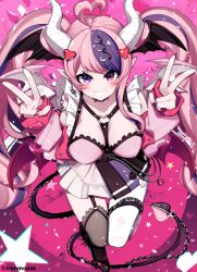 Rule 34 | 1girl, absurdres, ahoge, akagi (sk0127aho), black nails, black skirt, black thighhighs, blush, breasts, choker, cleavage, demon girl, demon horns, demon wings, double v, earrings, hair ornament, head wings, heart, heart ahoge, heart choker, heart earrings, heart hair ornament, heart o-ring, heterochromia, highres, horns, ironmouse, ironmouse (13th costume), jacket, jewelry, large breasts, long hair, looking at viewer, multicolored clothes, multicolored nails, multicolored skirt, nail polish, o-ring, o-ring choker, pink hair, pink jacket, pink shirt, pointy ears, purple eyes, purple hair, red choker, red eyes, red nails, shirt, shoulder tattoo, single earring, skirt, smile, solo, spiked choker, spikes, tattoo, thighhighs, twintails, v, virtual youtuber, vshojo, white skirt, white thighhighs, wings