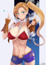 Rule 34 | 1girl, absurdres, bare shoulders, bikini, blonde hair, blue shorts, blush, breasts, brown gloves, brown vest, calamity jane (fate), cleavage, collarbone, cropped vest, double finger gun, earrings, elbow gloves, fate/grand order, fate (series), finger gun, fingerless gloves, forehead, gloves, green eyes, highres, hoop earrings, jewelry, kasumi saika, large breasts, long hair, looking at viewer, navel, neck ring, open clothes, open mouth, open vest, parted bangs, red bikini, shorts, side ponytail, solo, star tattoo, swimsuit, tattoo, thighs, vest