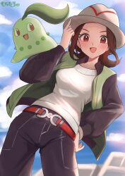 1girl belt brown_eyes brown_hair chikorita creatures_(company) female_protagonist_(pokemon_legends:_z-a) game_freak gen_2_pokemon green_jacket hat highres jacket looking_at_viewer mochitaro_(mothitaroo) nintendo open_clothes open_jacket open_mouth pants pokemon pokemon_(creature) pokemon_legends:_z-a shirt short_hair smile white_hat white_shirt