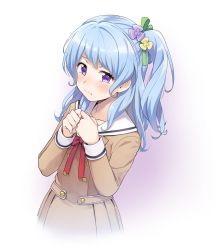 Rule 34 | 1girl, bang dream!, blue hair, brown dress, commentary request, cowboy shot, denchuubou, dress, flower, frown, green ribbon, hair flower, hair ornament, hair ribbon, highres, long hair, long sleeves, matsubara kanon, one side up, own hands together, pleated dress, purple eyes, purple flower, red neckwear, ribbon, sailor collar, sailor dress, school uniform, sleeve cuffs, solo, white hair, yellow flower