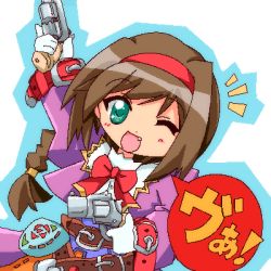 Rule 34 | 1girl, bad id, bad pixiv id, belt, blush, bow, braid, brown hair, dress, dual wielding, fang, gloves, green eyes, gun, hairband, handgun, happy, holding, long hair, lowres, oekaki, one eye closed, open mouth, pistol, pointing, red hairband, ribbon, sidelocks, simple background, solo, virginia maxwell, weapon, wild arms, wild arms 3, wink, zipang (zip@ng works)