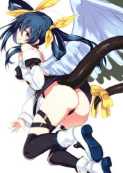 Rule 34 | 1girl, ass, asymmetrical wings, bare shoulders, black thighhighs, blue hair, blush, boots, breasts, choker, detached sleeves, dizzy (guilty gear), guilty gear, guilty gear x, guilty gear xx, hair ribbon, hiraga matsuri, hirasato, large breasts, long hair, open mouth, red eyes, ribbon, simple background, solo, tail, tail ornament, tail ribbon, thighhighs, twintails, underboob, white background, wings
