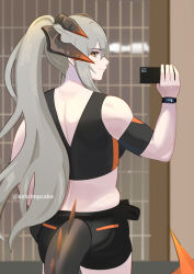 Rule 34 | 1girl, arknights, bare shoulders, black shorts, black sports bra, cellphone, clothing cutout, cowboy shot, dragon girl, dragon horns, dragon tail, from behind, highres, holding, holding phone, horns, long hair, looking at viewer, looking back, midriff, phone, ponytail, saria (arknights), selfie, shorts, sidelocks, sideways glance, smartphone, smile, solo, sports bra, standing, supershrimpcakes, tail, tail through clothes, very long hair, watch, wristwatch, yellow eyes
