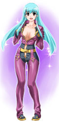 Rule 34 | 1girl, blouse, blue hair, breasts, cleavage, g-tetsu, highres, kula diamond, large breasts, long hair, long image, no bra, open clothes, open shirt, red eyes, shirt, snk, solo, sparkle, tall image, the king of fighters, undressing