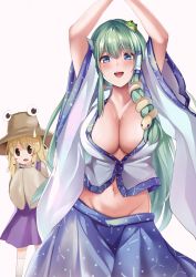 Rule 34 | 2girls, :d, absurdres, arms up, blonde hair, blue eyes, blue skirt, blush, blush stickers, breasts, brown headwear, cleavage, collarbone, commentary request, dress, feet out of frame, frog hair ornament, green hair, groin, hair ornament, hair tubes, hat, highres, kochiya sanae, koizumo, large breasts, long hair, looking at another, looking at viewer, medium hair, midriff, moriya suwako, multiple girls, navel, open clothes, open mouth, open shirt, patterned, purple dress, pyonta, shirt, sidelocks, simple background, skirt, smile, snake hair ornament, standing, sweatdrop, touhou, turtleneck, very long hair, white background, white legwear, white shirt, wide sleeves