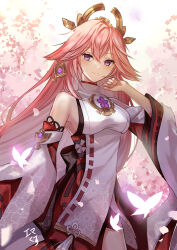 Rule 34 | 1girl, animal ears, breasts, cherry blossoms, cowboy shot, crystalfly (genshin impact), detached sleeves, earrings, falling petals, floating hair, floppy ears, floral print, flower knot, fox ears, genshin impact, hair between eyes, hair ornament, hand up, highres, japanese clothes, jewelry, kusunokinawate, long hair, long sleeves, looking at viewer, medium breasts, nontraditional miko, petals, purple eyes, red skirt, resolution mismatch, ribbon trim, shirt, sidelocks, skirt, sleeveless, sleeveless shirt, solo, source larger, tassel, thighs, turtleneck, white sleeves, wide sleeves, yae miko