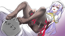 Rule 34 | 1boy, 1girl, ajax (azur lane), azur lane, bed, dress, faceless, faceless male, feet, licking foot, foot on head, grin, hat, licking, long hair, looking down, lying, no shoes, open mouth, pantyhose, purple hair, sitting, sitting on person, smile, teeth, toes, tongue, toron (mino106), translation request
