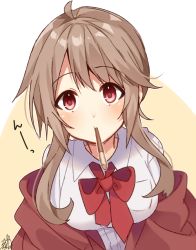 Rule 34 | 1girl, ahoge, beige background, blush, bow, breasts, brown hair, brown jacket, closed mouth, collared shirt, dress shirt, food, food in mouth, hair between eyes, jacket, large breasts, long hair, mouth hold, off shoulder, omuretsu, open clothes, open jacket, original, pocky, red bow, red eyes, shirt, sidelocks, signature, solo, two-tone background, upper body, white background, white shirt