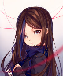 Rule 34 | 1girl, black shirt, blue eyes, blue hair, blue scarf, blurry, blurry foreground, blush, borrowed character, brown hair, commission, depth of field, eyes visible through hair, from side, gradient background, hyanna-natsu, long hair, long sleeves, looking to the side, multicolored eyes, multicolored hair, original, parted bangs, parted lips, red eyes, scarf, shirt, sleeves past wrists, solo, streaked hair, two-tone hair, upper body