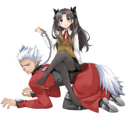 Rule 34 | 1girl, all fours, animal ears, aqua eyes, archer (fate), bdsm, black hair, black pantyhose, chain, collar, crossed legs, dog ears, dog tail, fate/stay night, fate (series), homurahara academy school uniform, leash, long hair, looking at viewer, pantyhose, school uniform, short hair, simple background, sitting, sitting on person, slave, smile, tail, tamaoka kagari, tohsaka rin, twintails, white background, white hair