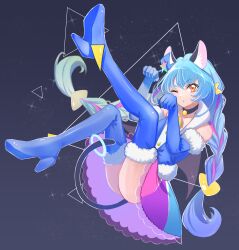 Rule 34 | 1girl, ;o, absurdres, animal ears, black choker, blue footwear, blue gloves, blue hair, blue jacket, boots, braid, cat ears, cat tail, choker, cure cosmo, elbow gloves, floating, fur-trimmed boots, fur-trimmed gloves, fur-trimmed jacket, fur trim, gloves, hair ornament, highres, jacket, leg up, long hair, looking at viewer, magical girl, miisu (minirose), multicolored clothes, multicolored hair, multicolored skirt, one eye closed, parted lips, paw pose, pink hair, precure, skirt, sleeveless, sleeveless jacket, solo, star twinkle precure, streaked hair, tail, thigh boots, twin braids, very long hair, yellow eyes, yuni (precure)