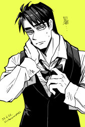 Rule 34 | 1boy, artist name, bow, bowtie, closed mouth, collared shirt, dated, expressionless, greyscale with colored background, hand on own neck, highres, kaiji, long sleeves, looking at viewer, male focus, medium bangs, murakami tamotsu, shirt, short hair, solo, unknown03162, upper body, vest