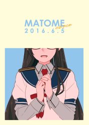 Rule 34 | 10s, 1girl, black hair, blue background, commentary request, cover, cover page, dated, glasses, head out of frame, jewelry, kantai collection, long hair, long sleeves, necktie, ojipon, ooyodo (kancolle), open mouth, own hands together, ring, school uniform, serafuku, shirt, sidelocks, smile, solo, wedding band
