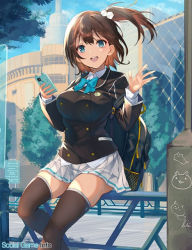 Rule 34 | 1girl, ange vierge, ayashiro amane, backpack, bag, black jacket, black thighhighs, blue bow, blue bowtie, blue eyes, bow, bowtie, breasts, brown hair, buttons, cellphone, emblem, fence, jacket, large breasts, medium breasts, outdoors, phone, pleated skirt, pocket, school uniform, short hair, side ponytail, sitting, skirt, smartphone, solo, thighhighs, town, white footwear, white skirt, zettai ryouiki