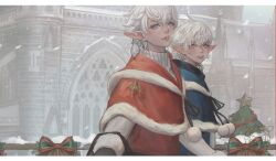 1boy 1girl ahoge alisaie_leveilleur alphinaud_leveilleur blue_coat blue_eyes bow bowtie brother_and_sister castle christmas_tree coat commentary earrings elezen elf english_commentary final_fantasy final_fantasy_xiv fur-trimmed_coat fur_trim grin highres jewelry letterboxed long_hair looking_at_viewer pointy_ears red_coat siblings single_earring smile snow snowing star_(symbol) twins upper_body white_hair yuki_lu