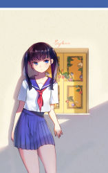 Rule 34 | 1girl, absurdres, arms at sides, artist name, black hair, blue eyes, blue sailor collar, blue skirt, closed mouth, commentary, english commentary, flower, highres, looking to the side, neckerchief, original, pleated skirt, red neckerchief, sailor collar, school uniform, serafuku, shade, shirt, short sleeves, skirt, solo, standing, sylvia (huajiuhuajiu), twintails, white shirt