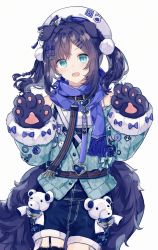 Rule 34 | 1girl, :d, absurdres, aiba uiha, animal collar, animal ears, animal hands, aqua eyes, badge, bare shoulders, blue bow, blue eyes, blue hair, blue scarf, blue shorts, blush, bow, braid, button badge, cardigan, clothes writing, collar, cowboy shot, dog ears, dog girl, dog tail, earrings, fang, flat chest, garter straps, gloves, hair bow, hair ornament, hairclip, hat, heart, highres, jewelry, leash, long sleeves, looking at viewer, migolu, mole, nijisanji, off shoulder, open mouth, paw gloves, paw pose, paw print, plaid, pom pom (clothes), scarf, shorts, side braid, simple background, single thighhigh, skin fang, smile, solo, stuffed animal, stuffed toy, tail, tassel, teddy bear, thighhighs, twin braids, twintails, virtual youtuber, white background, white hat, x hair ornament