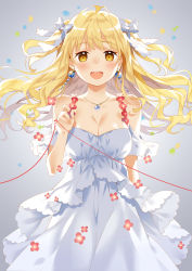 Rule 34 | 1girl, :d, antenna hair, bare shoulders, blonde hair, blush, bow, breasts, brown eyes, cleavage, dress, earrings, floating hair, flower, gradient background, grey background, hair bow, hand up, jewelry, long hair, necklace, open mouth, original, rie (reverie), silver dress, simple background, smile, solo, string, string of fate, two side up, wavy hair